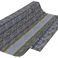 Rugged Stone Wall Flanked Terrain With Central Gravel Path And Grass Borders