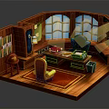 Cartoon Style Wooden Room Interior With Desk Chair Red Rug Globe And Windows