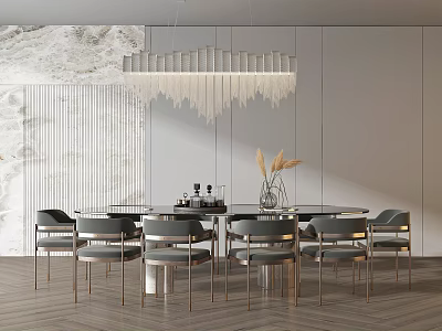 Modern Round Dining Table Set With Gray Chairs Crystal Chandelier And Marble Wall 3d model