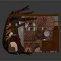 Cartoon Scene of Cozy Treehouse Kitchen with Brick Fireplace Wooden Shelves and Hanging Utensils