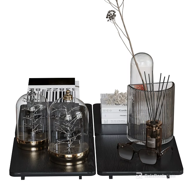 Elegant Decorative Ornament Set With Glass Cloches Golden Bases And Reed Diffuser 3d model 