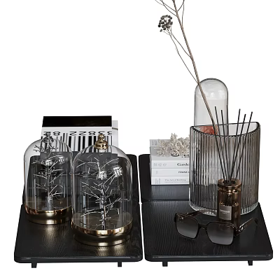 Elegant Decorative Ornament Set With Glass Cloches Golden Bases And Reed Diffuser 3d model