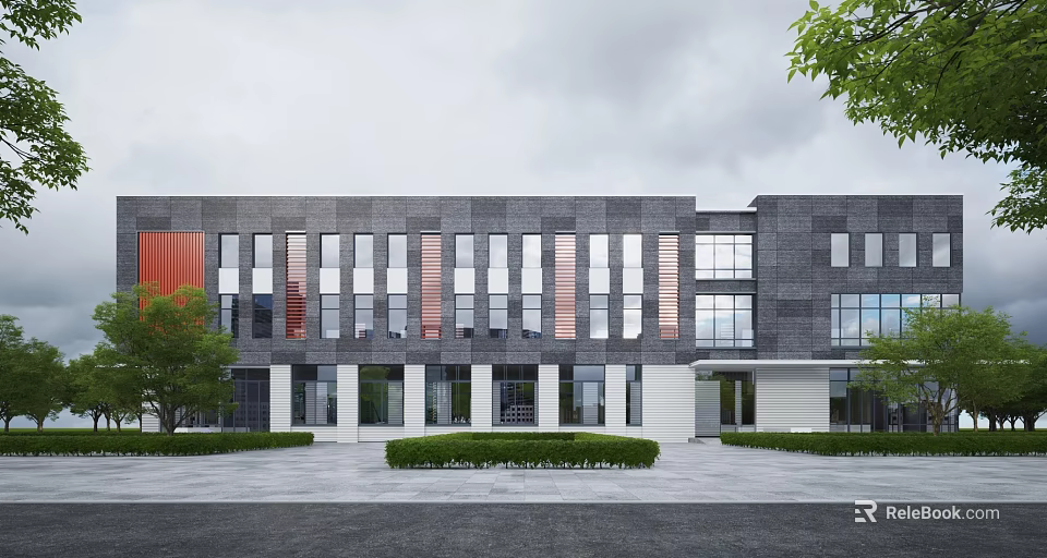 Modern Office Building With Gray Red Facade Large Windows And Front Landscaping 3d model