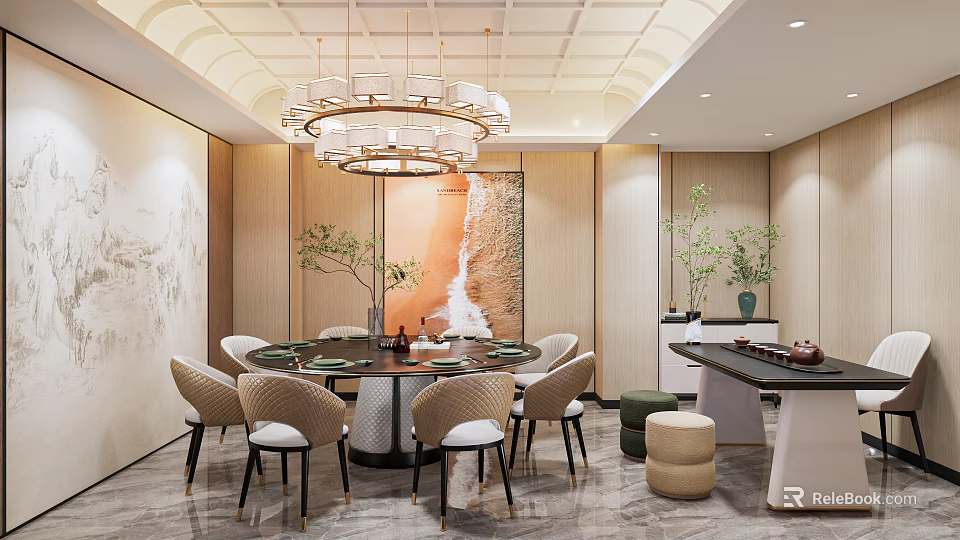 Elegant Private Dining Room Interior With Round Table Chairs Chandelier Decorative Painting And Plants 3d model 