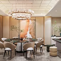 Elegant Private Dining Room Interior With Round Table Chairs Chandelier Decorative Painting And Plants
