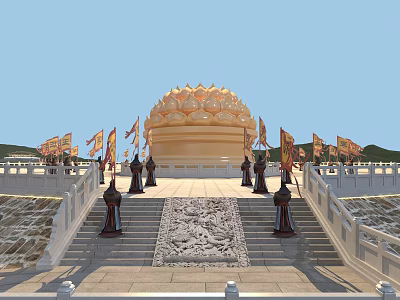 Golden Lotus Building With Stone Steps Traditional Costume Statues Flags Blue Sky And Distant Mountains 3d model