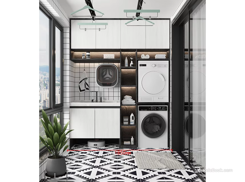 Modern Home Balcony Design With Washing Machine Dryer Storage Cabinets Black White Geometric Tiles 3d model 