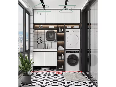 Modern Home Balcony Design With Washing Machine Dryer Storage Cabinets Black White Geometric Tiles 3d model