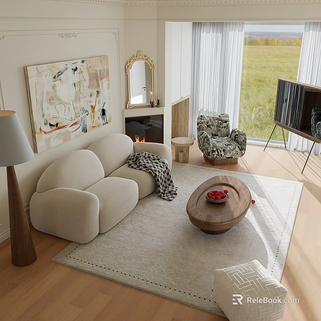 Soft Cream Boucle Sofa Set With Accent Chair For Cozy Bright Modern Sunlit Living Room 3d model 