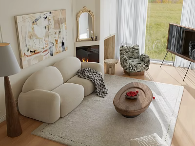 Soft Cream Boucle Sofa Set With Accent Chair For Cozy Bright Modern Sunlit Living Room 3d model