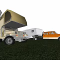 Off Road Camping Vehicle With Pickup Truck And Trailer In Grassy Field
