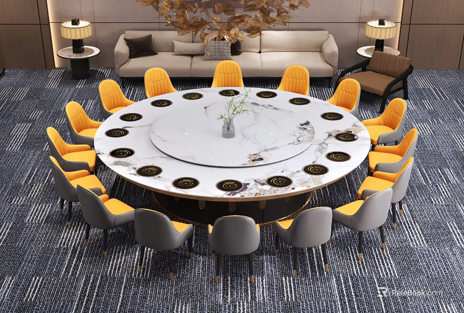 Banquet Hall Interior With Large Round Marble Table Yellow Gray Chairs Central Vase 3d model 