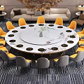Banquet Hall Interior With Large Round Marble Table Yellow Gray Chairs Central Vase