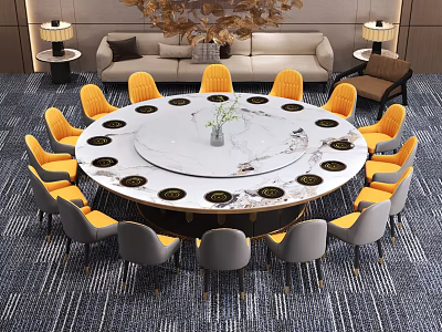 Banquet Hall Interior With Large Round Marble Table Yellow Gray Chairs Central Vase 3d model