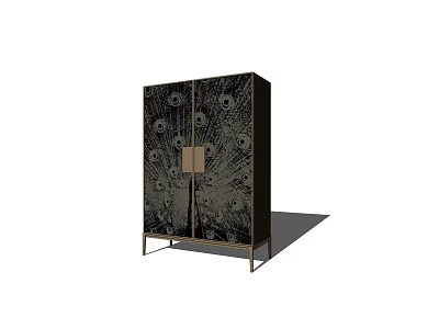 Dark Colored Entryway Side Cabinet With Decorative Circular Patterns And Metal Legs 3d model