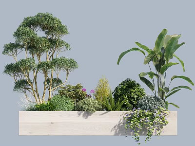 Vibrant Garden Shrubs in White Wooden Planter with Small Trees and Purple Flowers 3d model