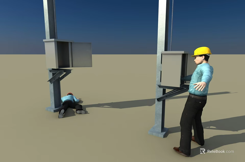 Cartoon Scene With Construction Workers In Yellow Hard Hats And Industrial Equipment 3d model 