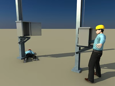 Cartoon Scene With Construction Workers In Yellow Hard Hats And Industrial Equipment 3d model