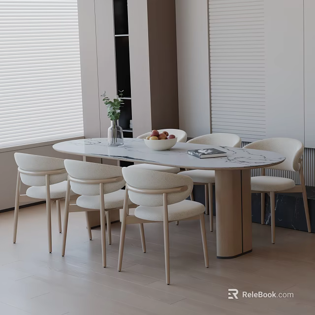 Modern Dining Table Set with Marble Tabletop Light Upholstered Chairs Vase Fruit Bowl And Magazine 3d model 