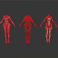 Three Female Futuristic Mech Characters In Pink Black And Orange Armor Standing Pose Design