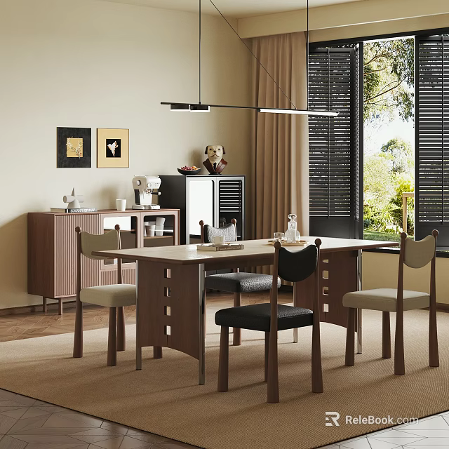 Modern Minimalist Restaurant Interior With Dining Table Chairs Pendant Light Cabinet And Window Blinds 3d model 