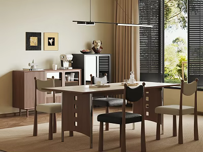 Modern Minimalist Restaurant Interior With Dining Table Chairs Pendant Light Cabinet And Window Blinds 3d model