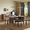 Modern Minimalist Restaurant Interior With Dining Table Chairs Pendant Light Cabinet And Window Blinds