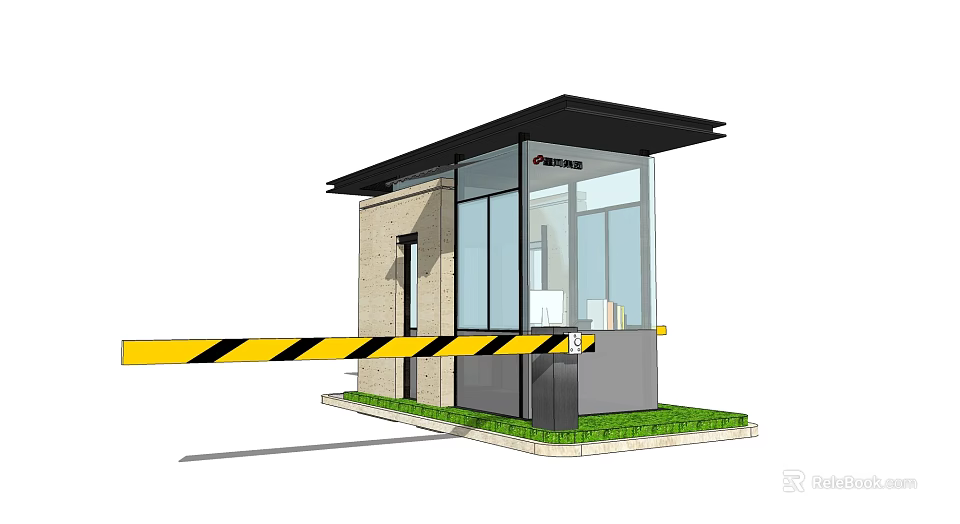 Modern Security Booth Featuring Glass Walls Black Roof Warning Tape And Grass Area 3d model 