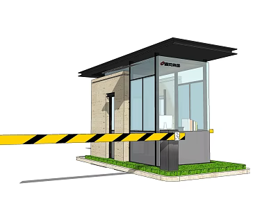 Modern Security Booth Featuring Glass Walls Black Roof Warning Tape And Grass Area 3d model