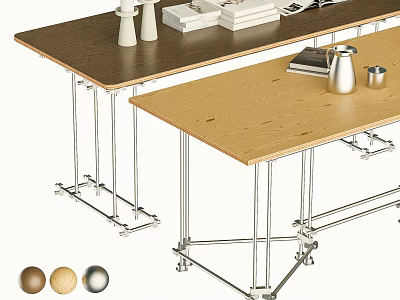 Modern Dining Table Set With Dark Brown And Light Wood Tabletops And Silver Metal Legs 3d model