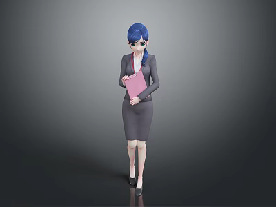 Professional Woman with Blue Hair in Business Suit Holding Pink Folder 3d model