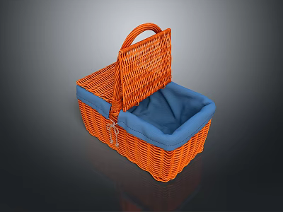 Orange Wicker Storage Basket with Open Lid Blue Lining and Handle 3d model