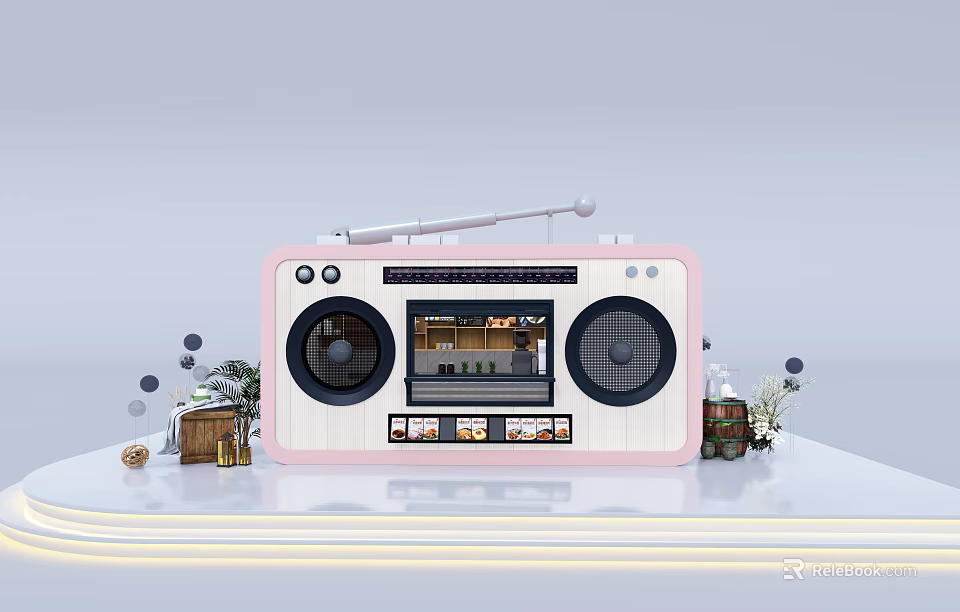 Pink Radio Displaying Lively Commercial Street With Decorative Plants And Ornaments 3d model 