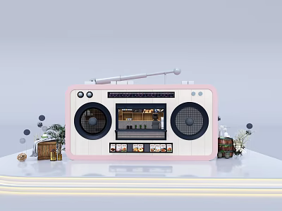 Pink Radio Displaying Lively Commercial Street With Decorative Plants And Ornaments 3d model