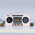 Pink Radio Displaying Lively Commercial Street With Decorative Plants And Ornaments
