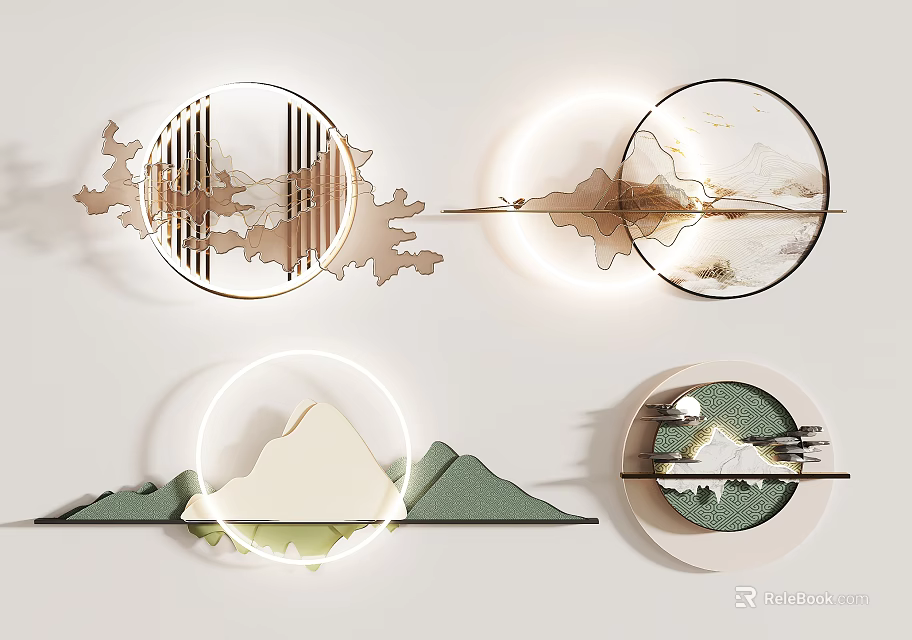 Modern Artistic Circular Wall Decorations With Mountain Patterns And Lighting Effects 3d model