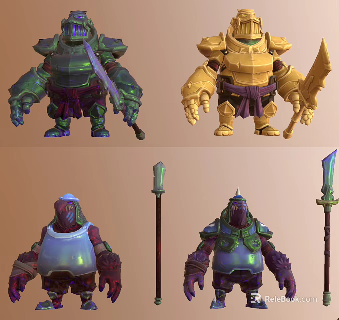 Vibrant Fantasy Creature Characters with Diverse Armor and Weapon Designs 3d model