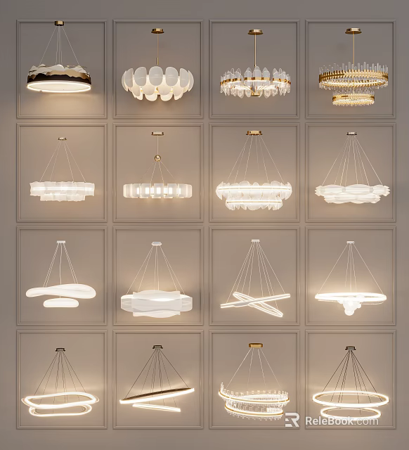 Different Stylish Chandeliers With Modern Designs Hanging In Grid Display On Gray Wall 3d model 