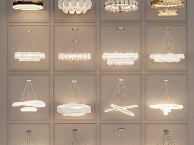 Different Stylish Chandeliers With Modern Designs Hanging In Grid Display On Gray Wall 3d model