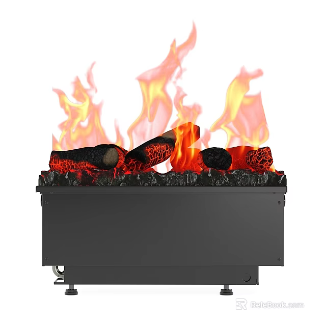 Realistic Fireplace with Flaming Logs and Bright Orange Flames in Black Enclosure for Home Decoration 3d model 