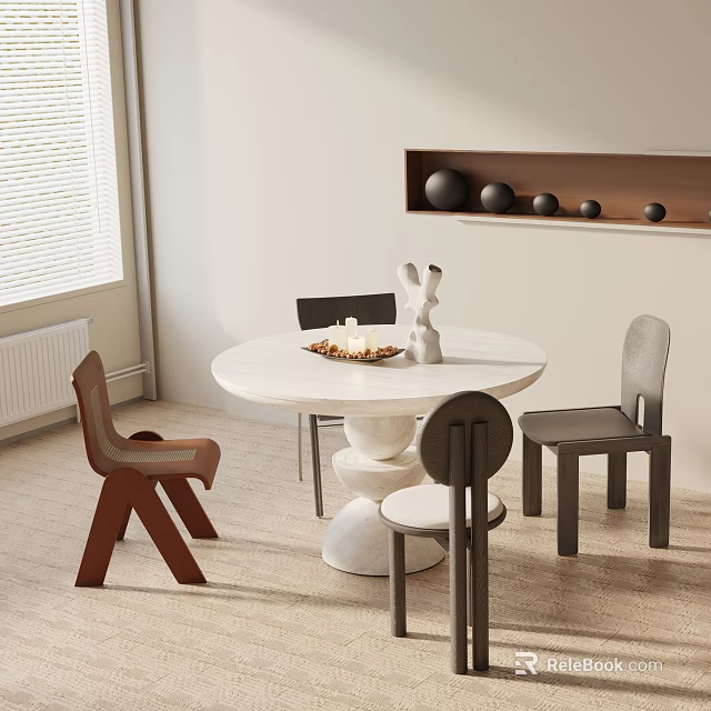 Round White Dining Table Set with Modern Chairs Rabbit Ornament and Decorative Wall Shelf 3d model 