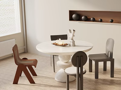 Round White Dining Table Set with Modern Chairs Rabbit Ornament and Decorative Wall Shelf 3d model
