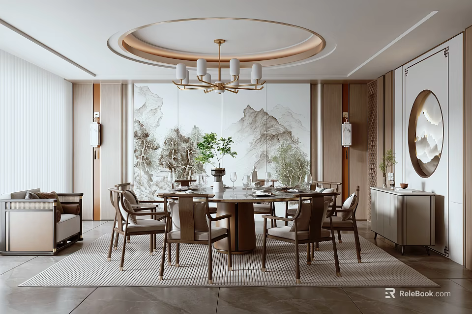Traditional Chinese Private Dining Room With Round Table Chandelier And Landscape Painting 3d model 