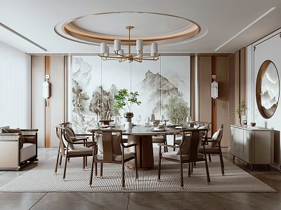 Traditional Chinese Private Dining Room With Round Table Chandelier And Landscape Painting 3d model