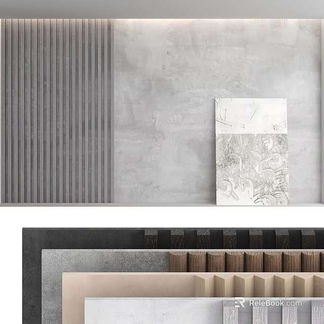Modern Layered Wall Decor With Textured Wall Striped Panel And Decorative Painting 3d model 