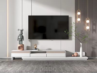 Modern White TV Stand With Flat Screen TV Decorative Items And Green Plant 3d model