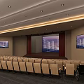 Spacious Modern Conference Room Interior With Rows Of Seats Large Screen And Ceiling Lighting