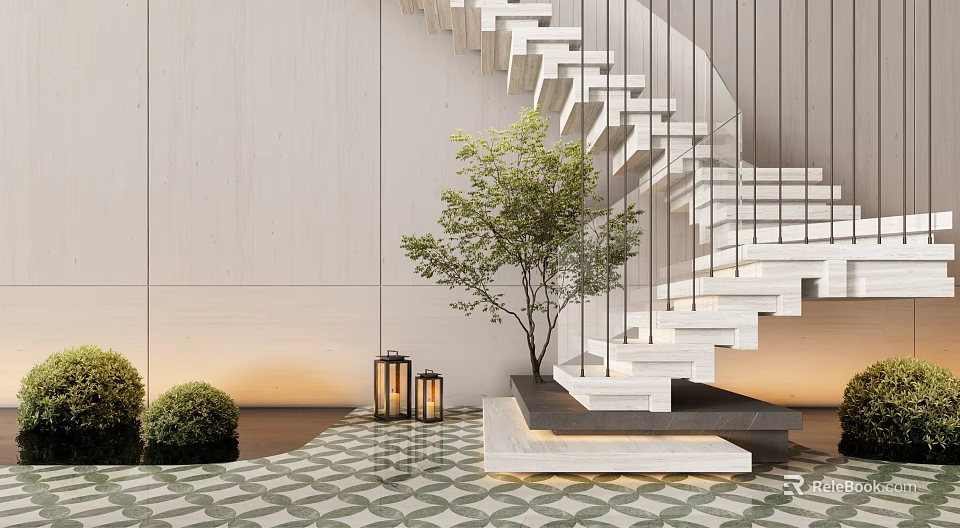 Modern White Staircase With Metal Railings Green Tree Geometric Tile Floor And Lanterns 3d model 