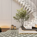 Modern White Staircase With Metal Railings Green Tree Geometric Tile Floor And Lanterns
