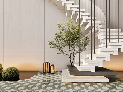 Modern White Staircase With Metal Railings Green Tree Geometric Tile Floor And Lanterns 3d model